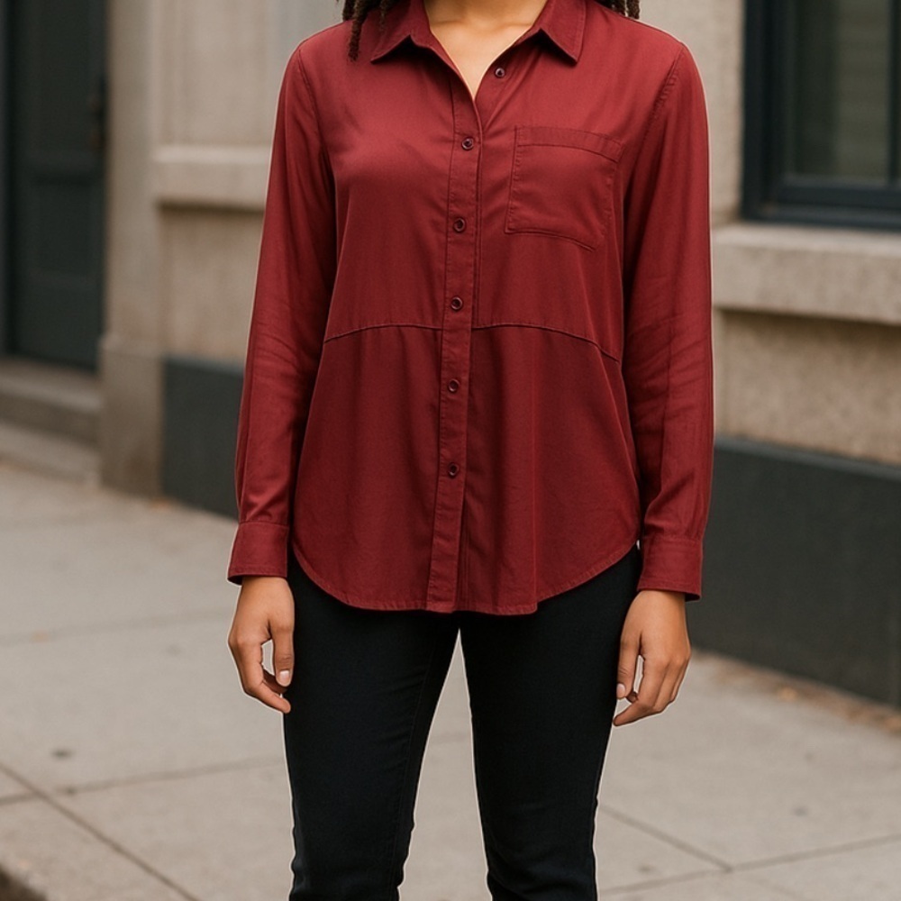 Free People Half Sheer Blouse, burgundy